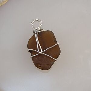 Handcrafted Silver Tone Wire Wrapped Brown Sea Glass Pendant Beach Necklace